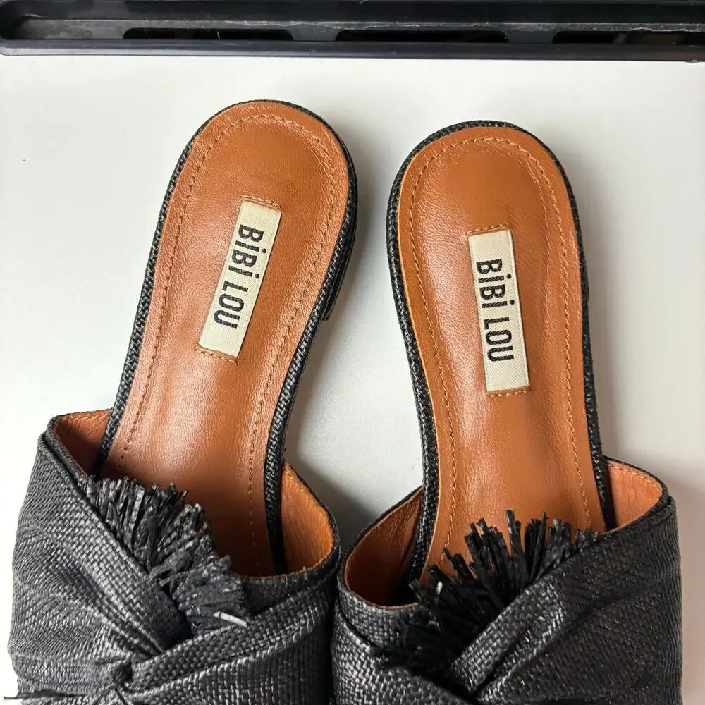 Bibi Lou Anthropologie Black Woven Slides Womens Size EU 37/US 7 Twist Fringe